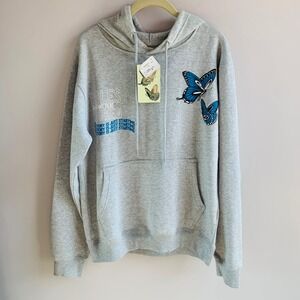 PERSAYA Grey Butterfly Graphic Hoodie Sweatshirt Size M Fleece